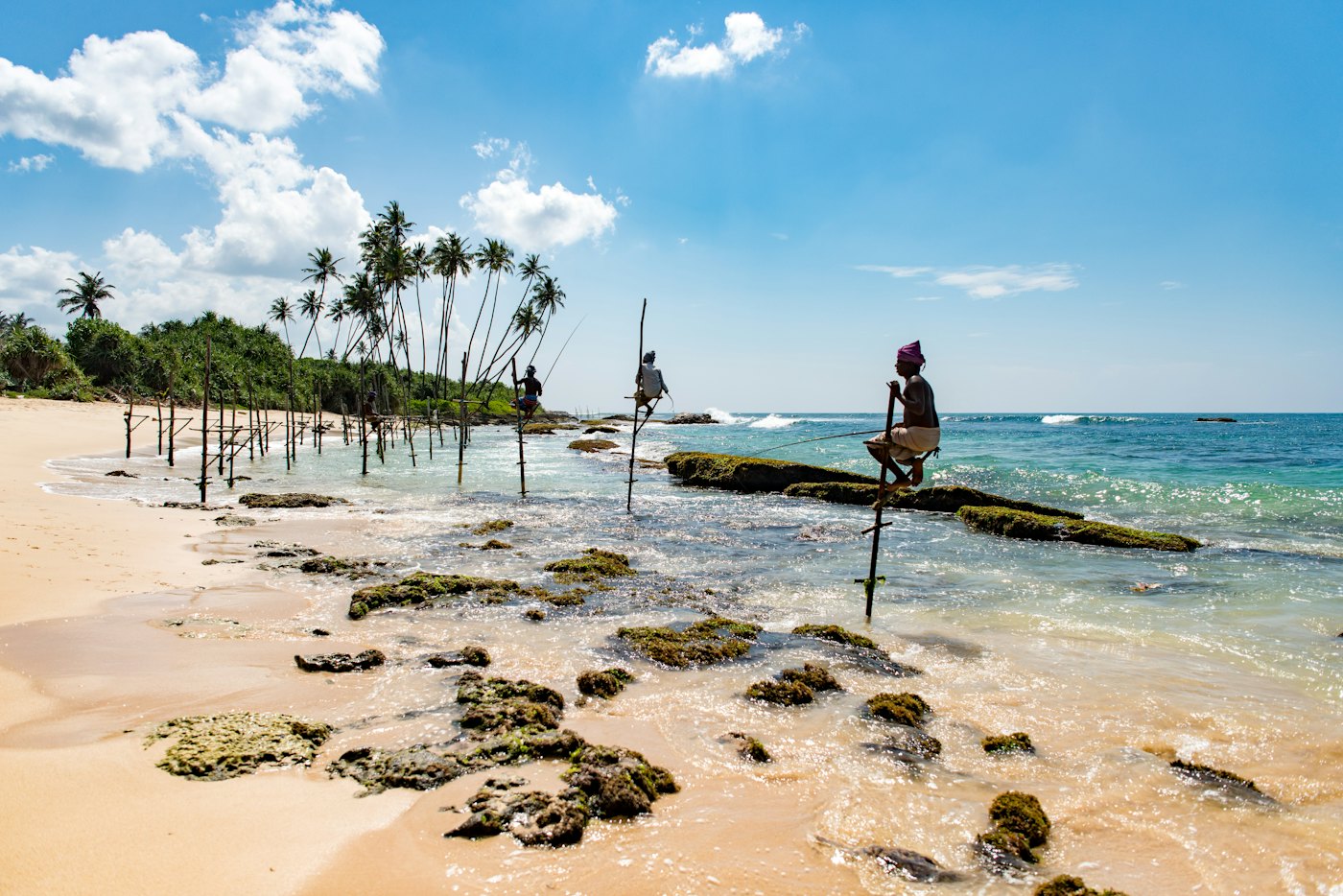 Stilt fishermen perched above the surf on Sri Lanka's south coast